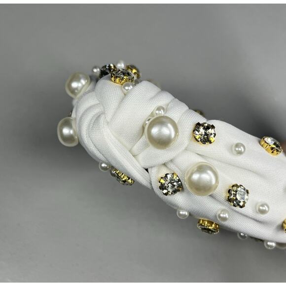 Faux Pearl and Jewel Rhinestone Headband White Knotted Formal Statement - Picture 2 of 6